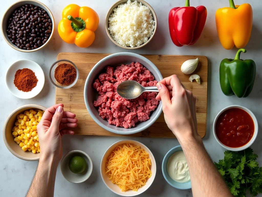 Ingredients for easy Mexican-style stuffed peppers arranged for cooking