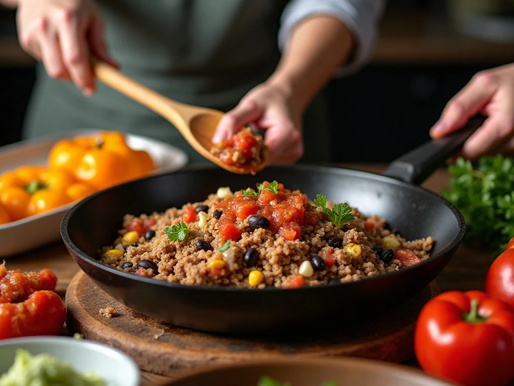 Skillet filling being prepared for Mexican-style stuffed peppers