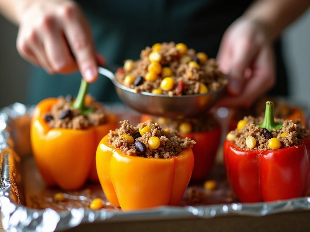 Bell peppers being filled with seasoned Mexican-style stuffing