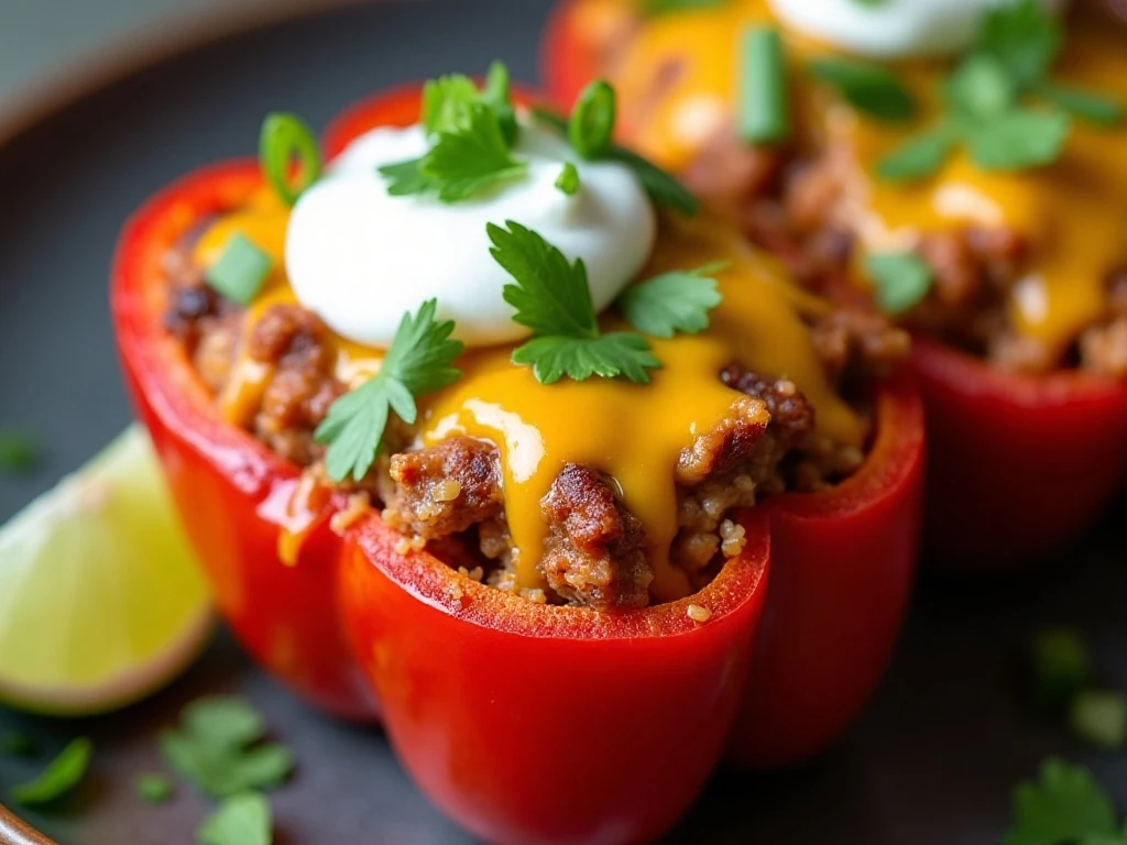 Stuffed pepper garnished with cilantro, lime, sour cream, and green onions