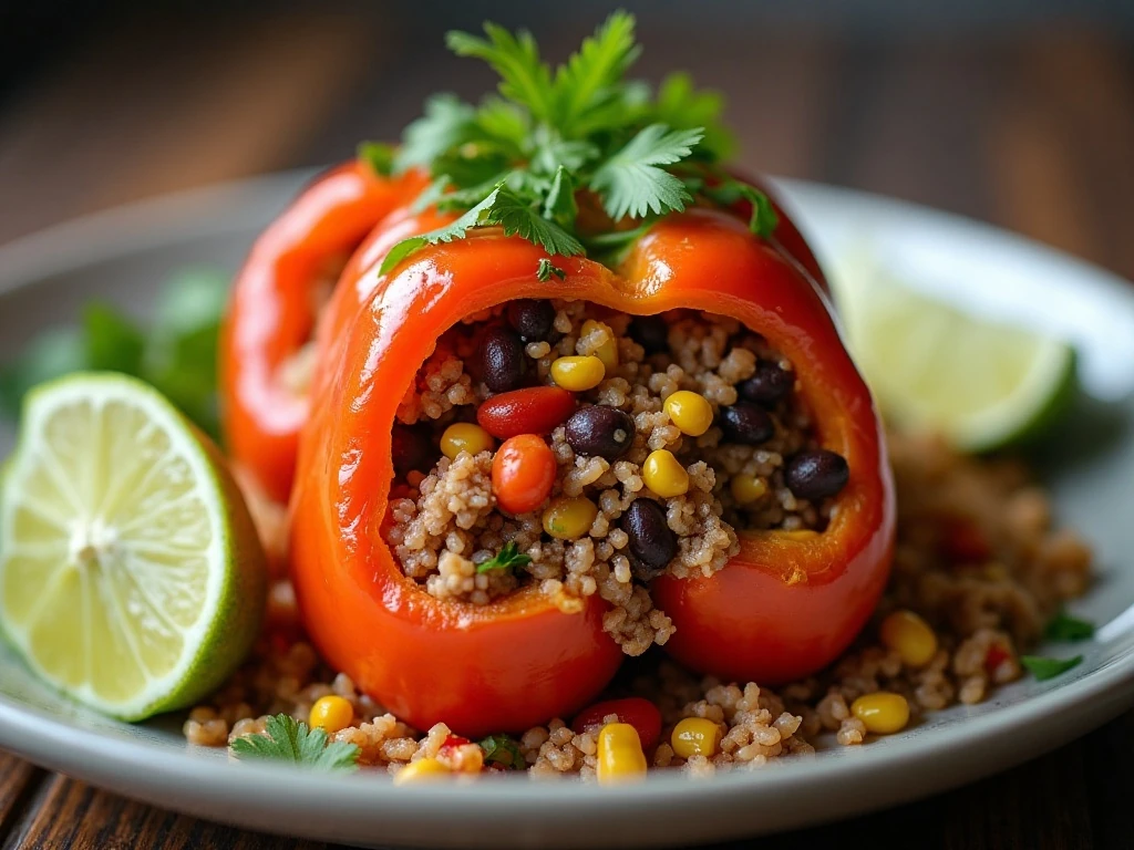 Finished Mexican-style stuffed pepper served with lime and cilantro