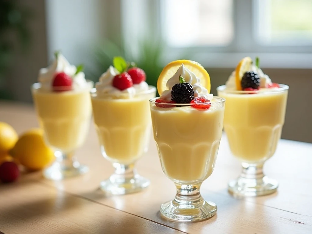 Individual servings of creamy Meyer lemon pudding with whipped cream and berries