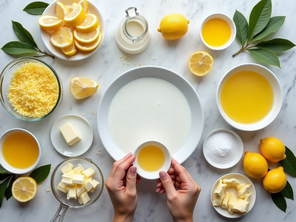 Ingredients for homemade Meyer lemon pudding arranged on a countertop