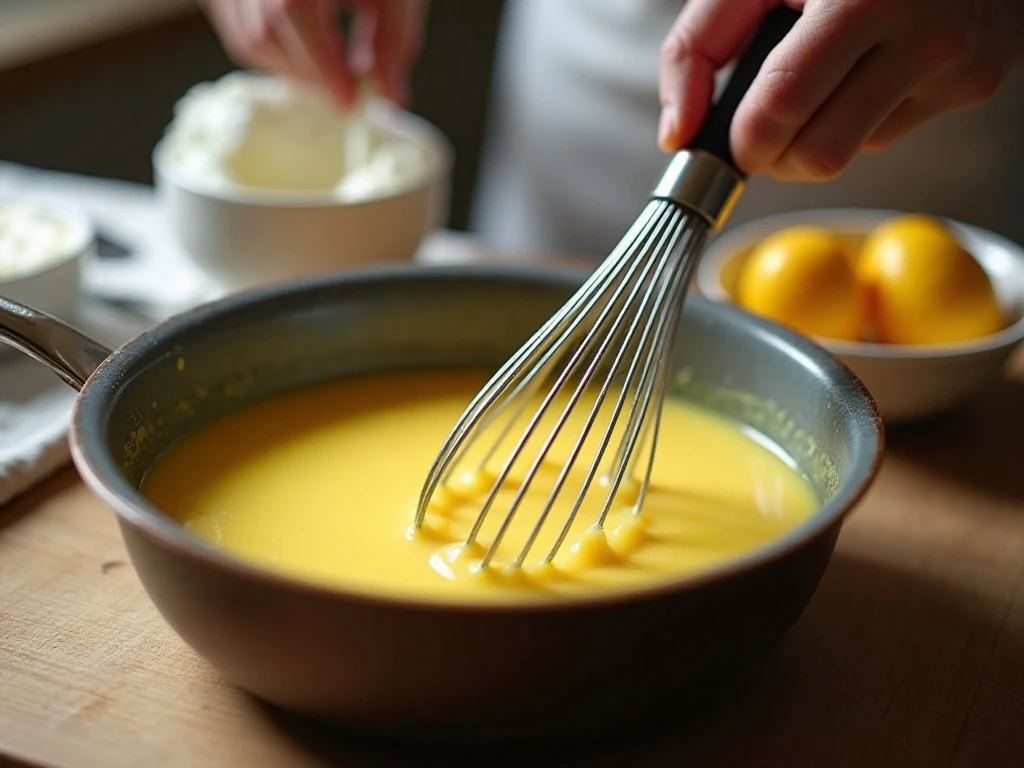 Stirring lemon pudding in a saucepan during stovetop preparation