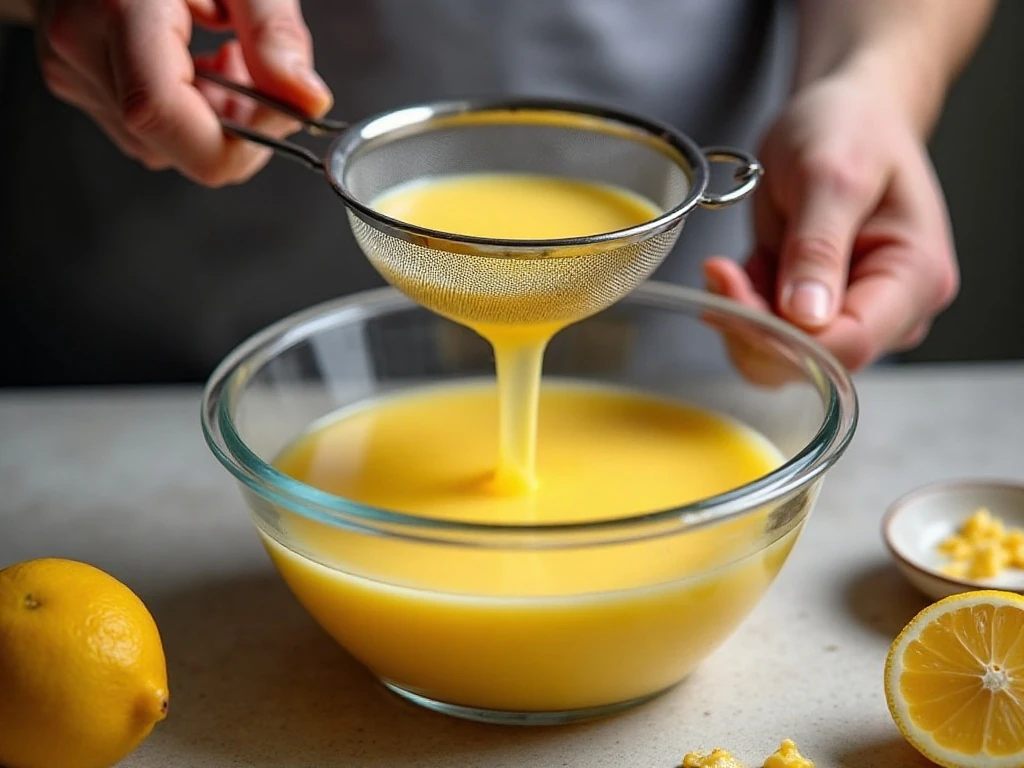Straining warm Meyer lemon pudding for an extra smooth texture