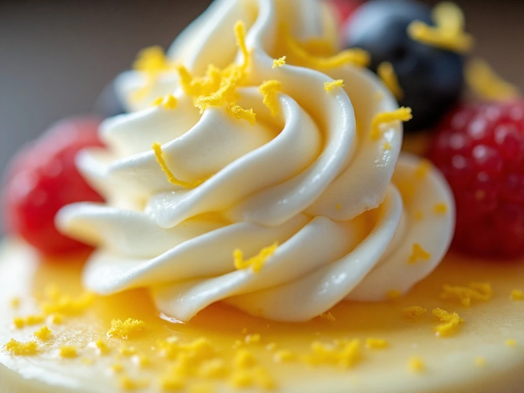 Meyer lemon pudding garnished with whipped cream berries and lemon zest