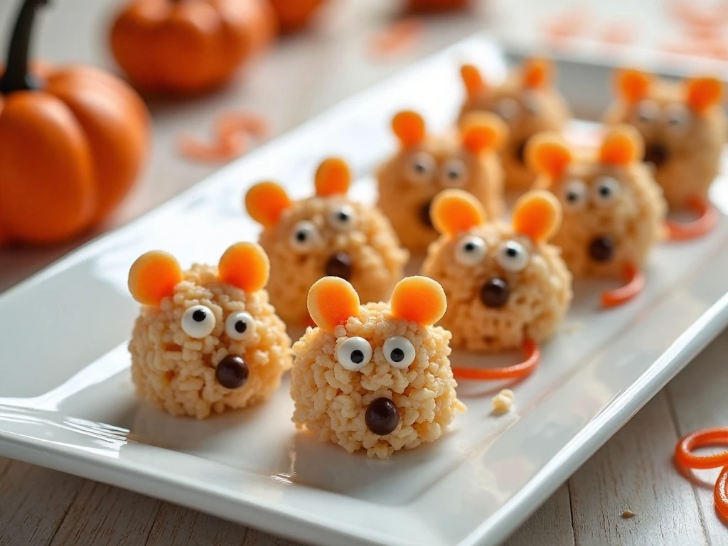 Adorable mouse-shaped Rice Krispie treats arranged on a party platter