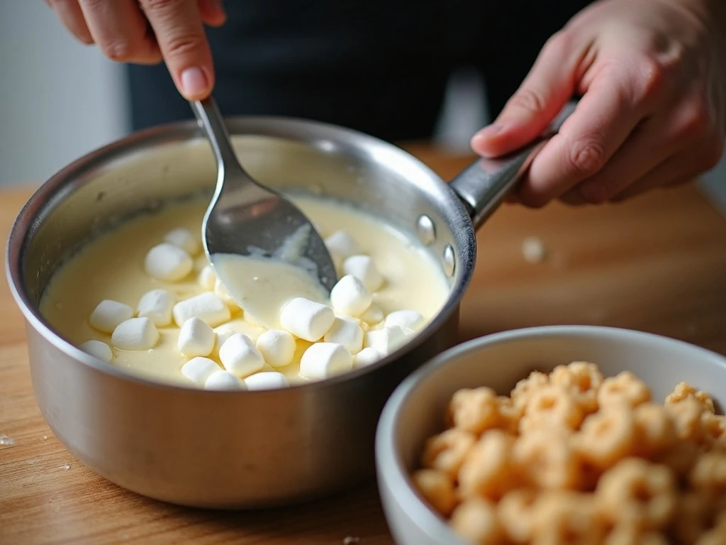 Melted marshmallow mixture being combined with crisp rice cereal
