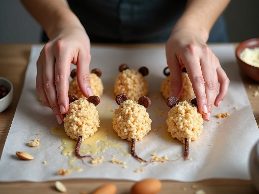 Shaping Rice Krispie mixture into mouse bodies with almond ears and licorice tails