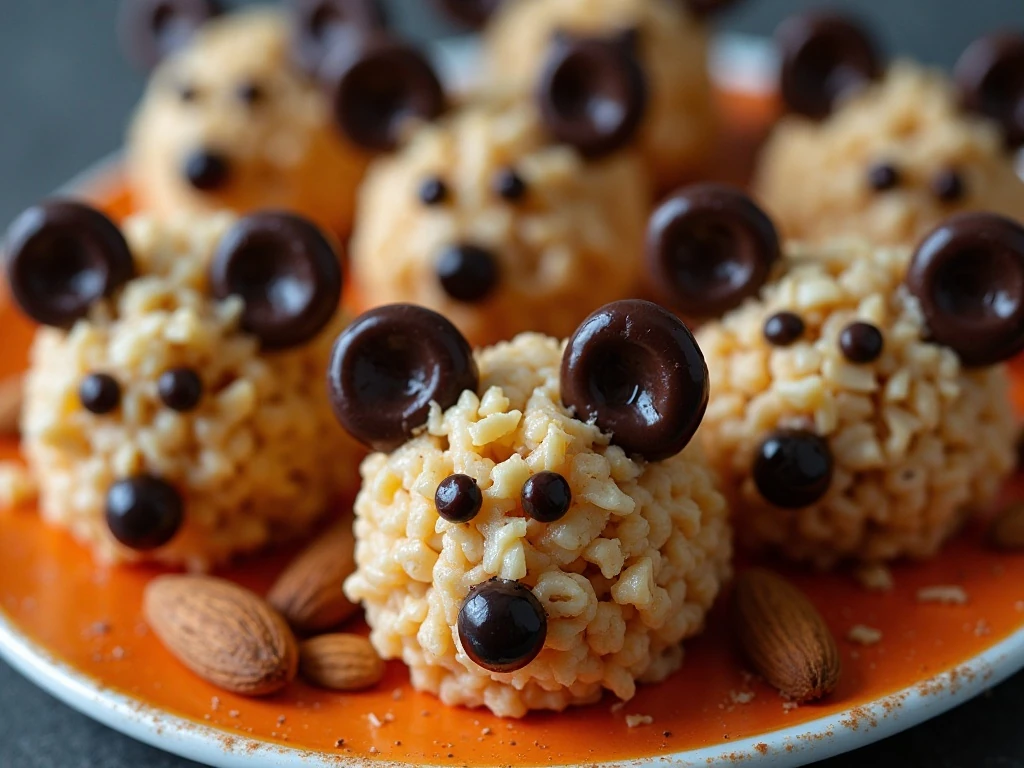 Close-up of chocolate-decorated mouse Rice Krispie treats