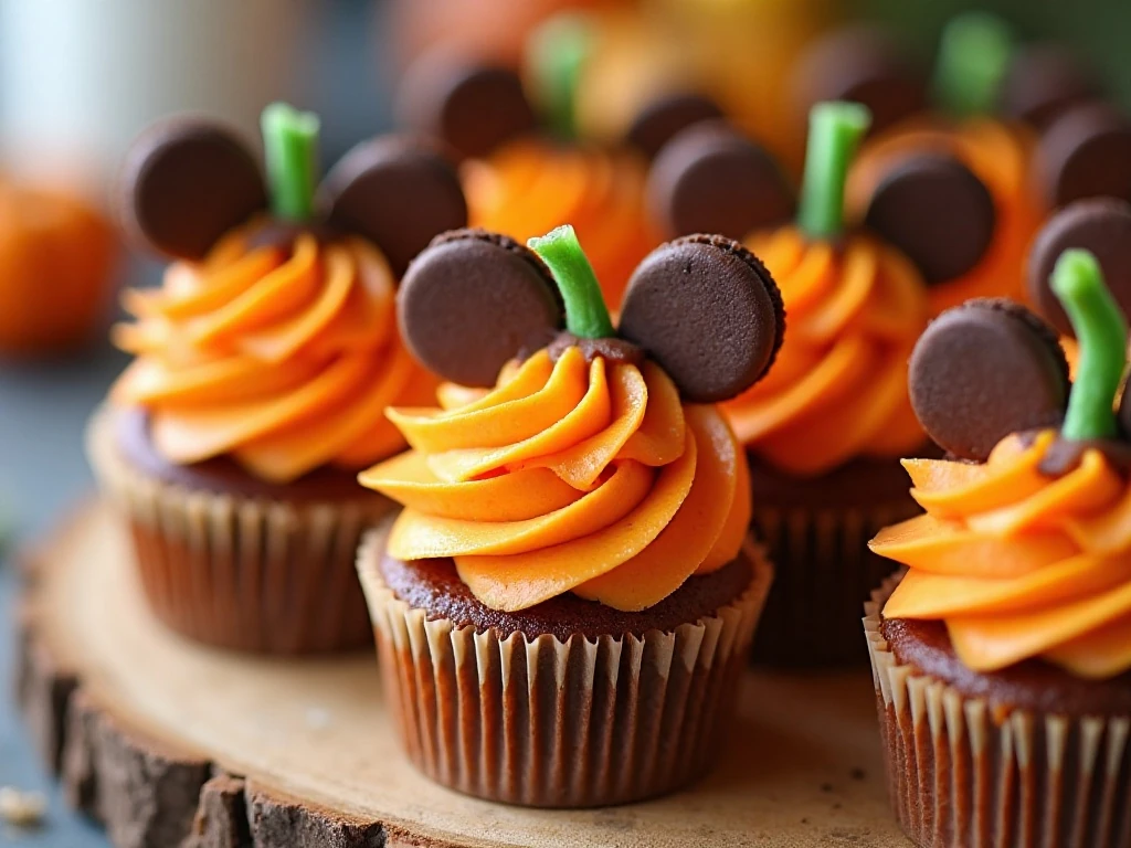 Festive Mickey Mouse pumpkin cupcakes arranged on a dessert stand