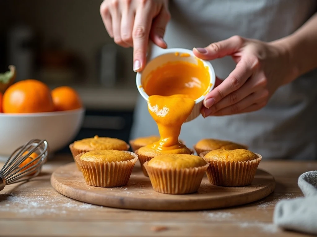 Preparing pumpkin cupcake batter in lined muffin pans