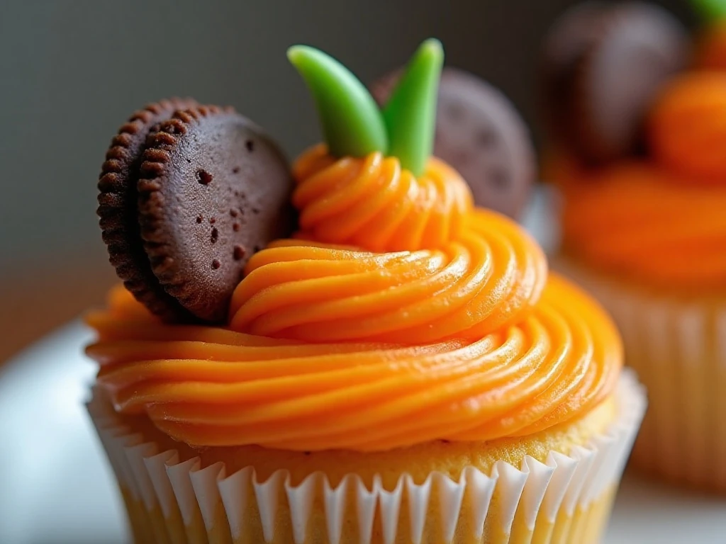 Mickey Mouse cookie ears and pumpkin details on a cupcake