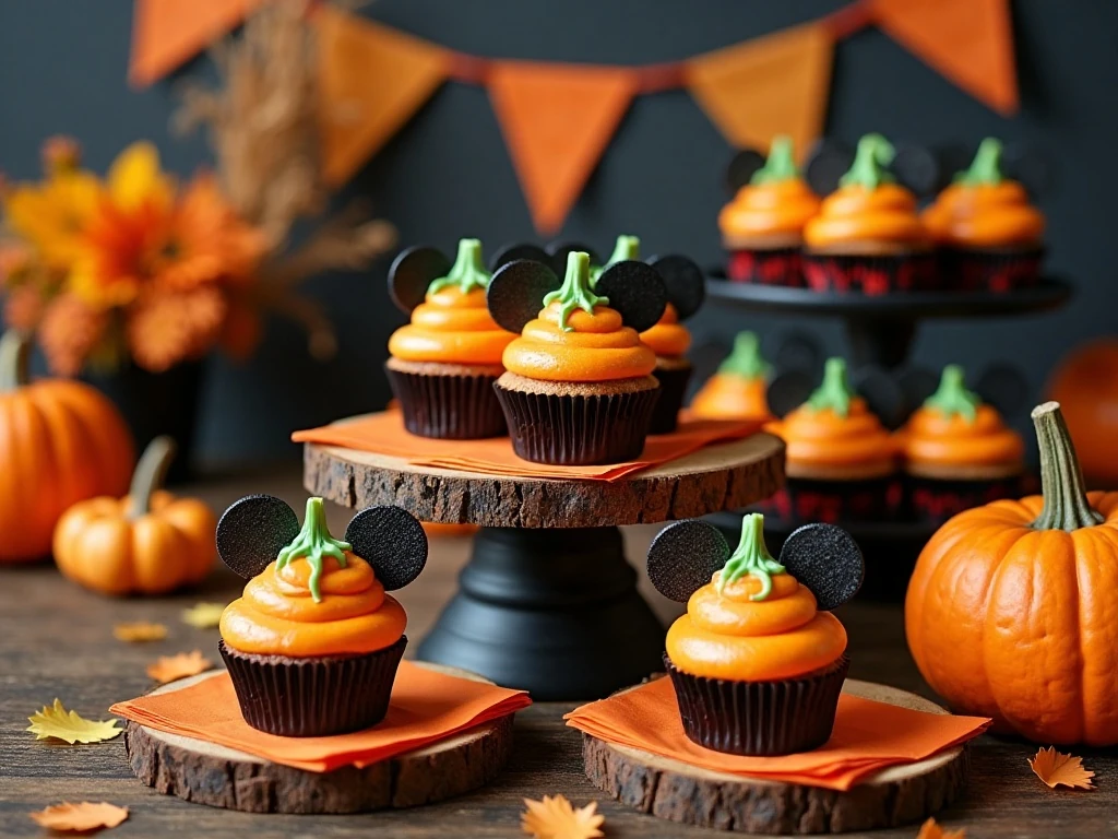 Mickey Mouse pumpkin cupcakes for a Halloween party table