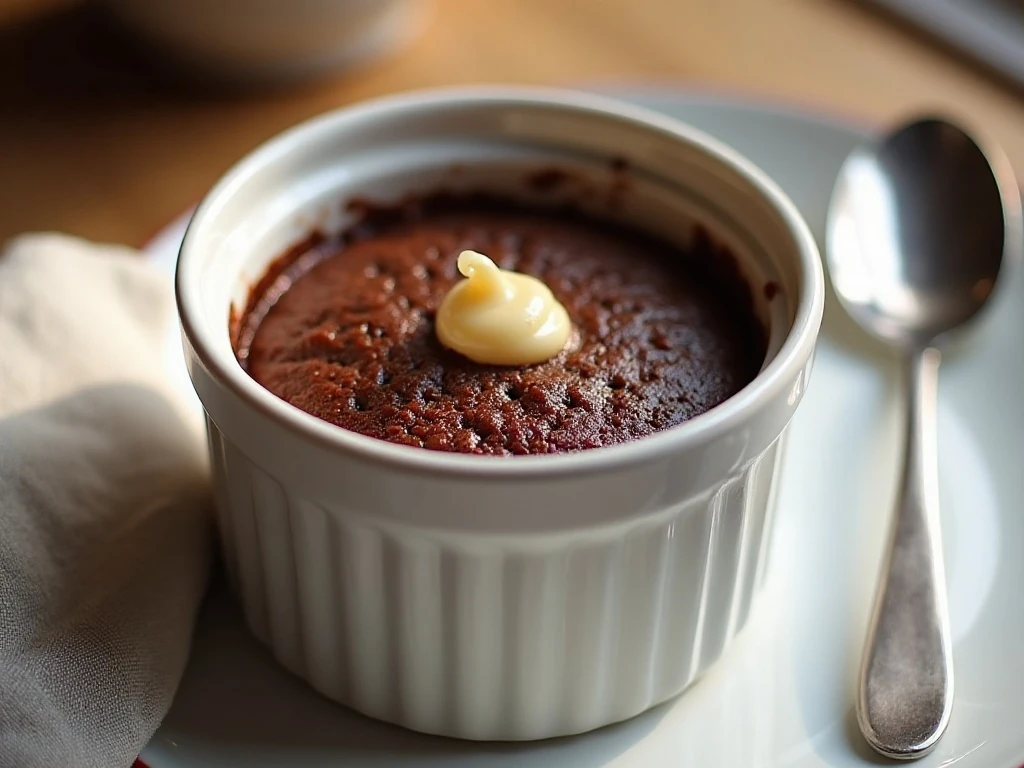 Warm chocolate keto mayonnaise mug cake ready to serve