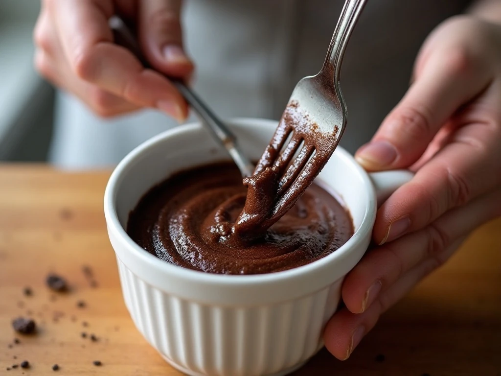 Stirring chocolate keto mug cake batter in a ramekin