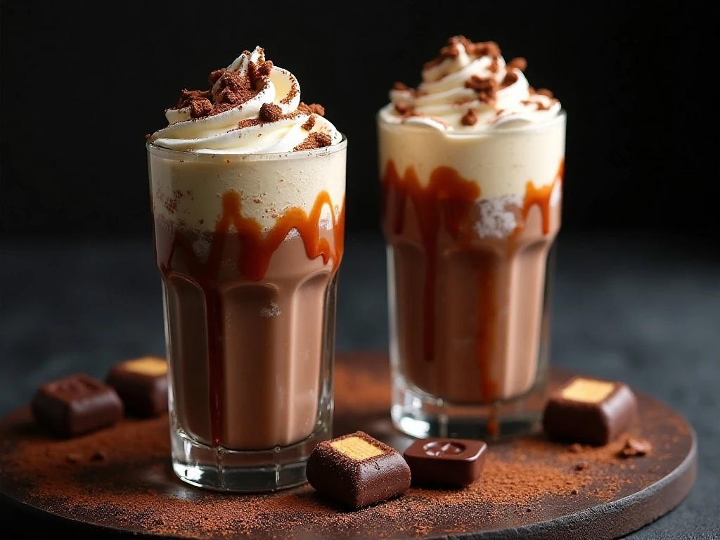 Two creamy Milky Way chocolate milkshakes topped with whipped cream and caramel