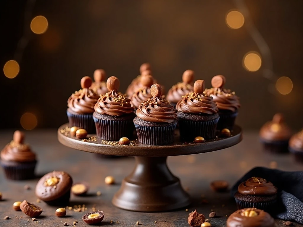 Chocolate Milky Way cupcakes arranged on a dessert stand