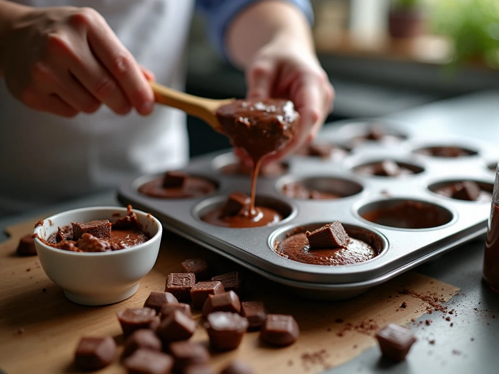Chopped Milky Way bars being folded into chocolate cupcake batter