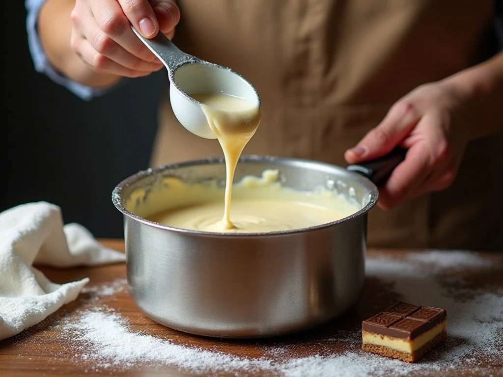 Melted Milky Way frosting mixture being prepared