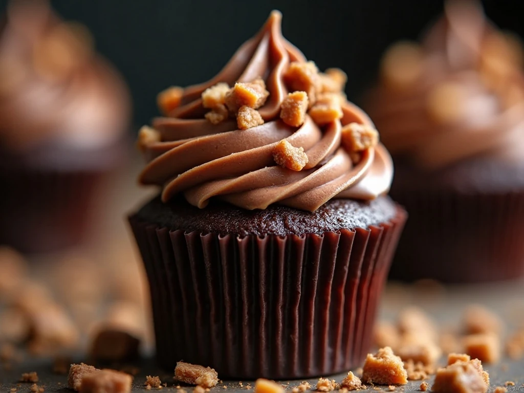 Close-up of Milky Way cupcake frosting and chopped candy garnish