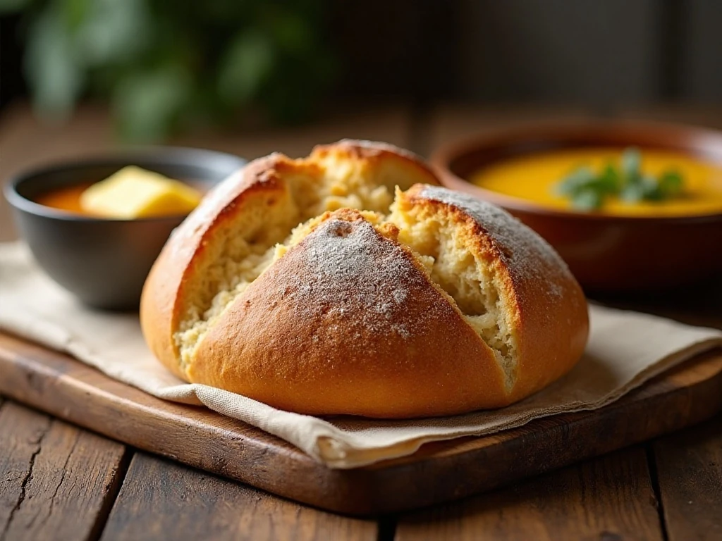Round homemade dilly bread served with butter and soup