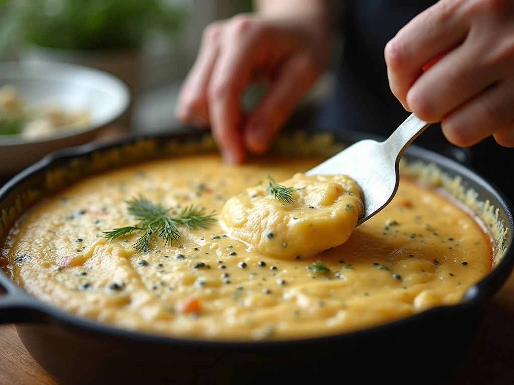 Sticky dilly bread batter being smoothed in a casserole dish