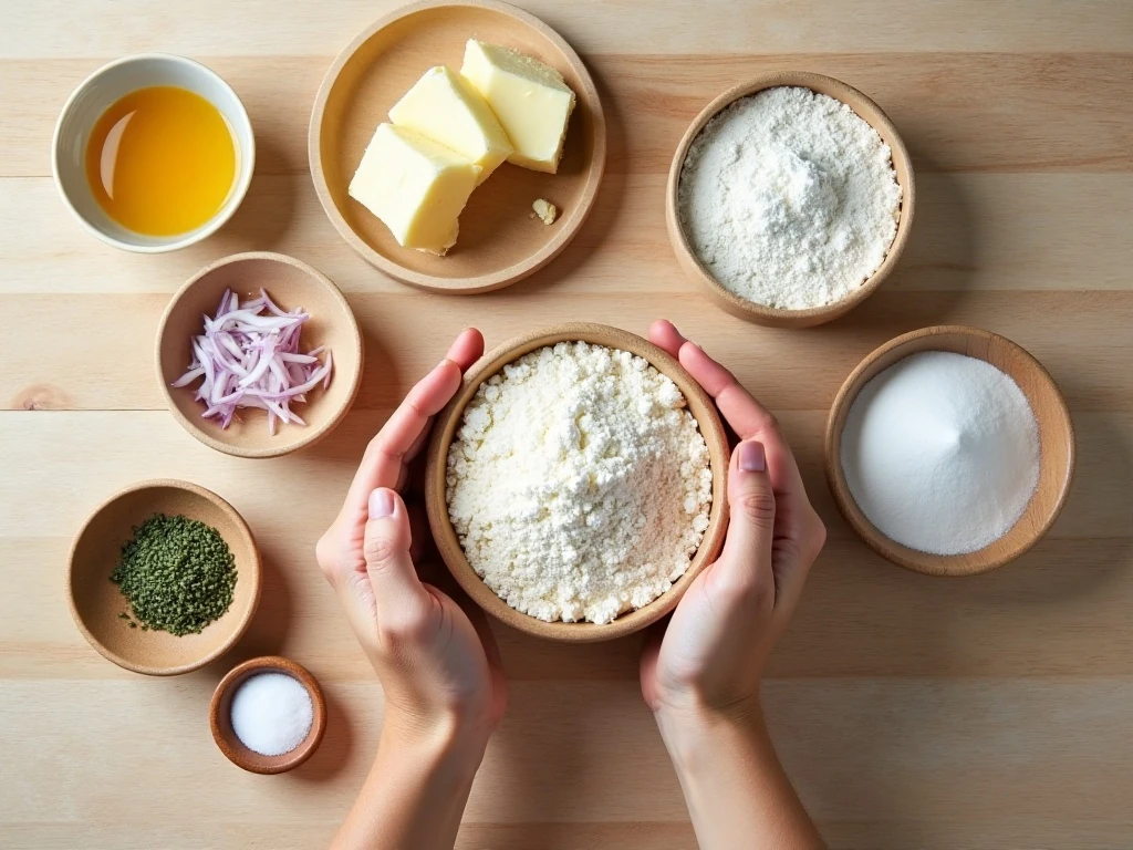 Ingredients for savory cottage cheese dill bread arranged on a counter