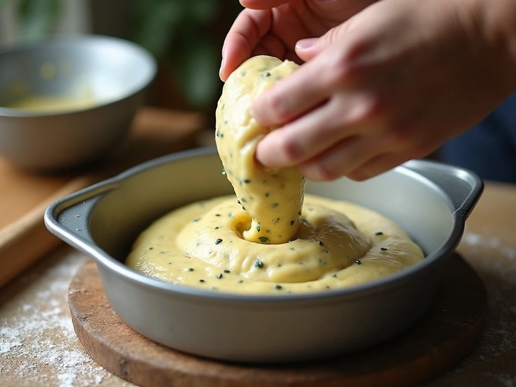 Sticky dill bread dough being placed into a round baking dish