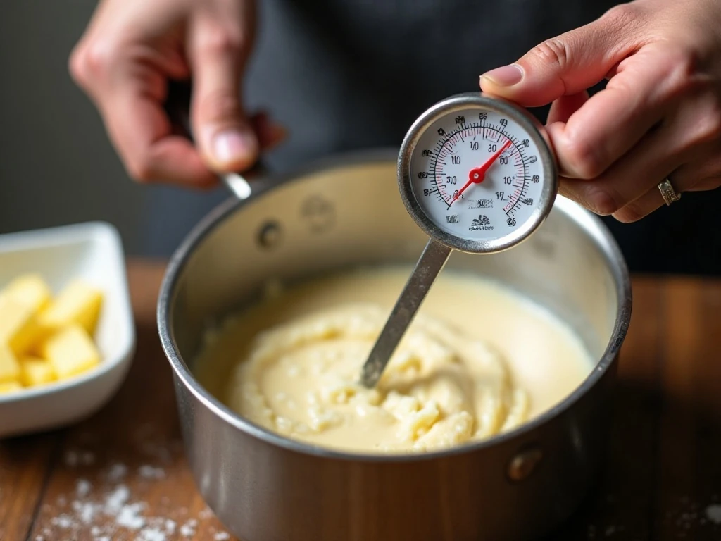 Checking the temperature of the cottage cheese mixture before adding yeast