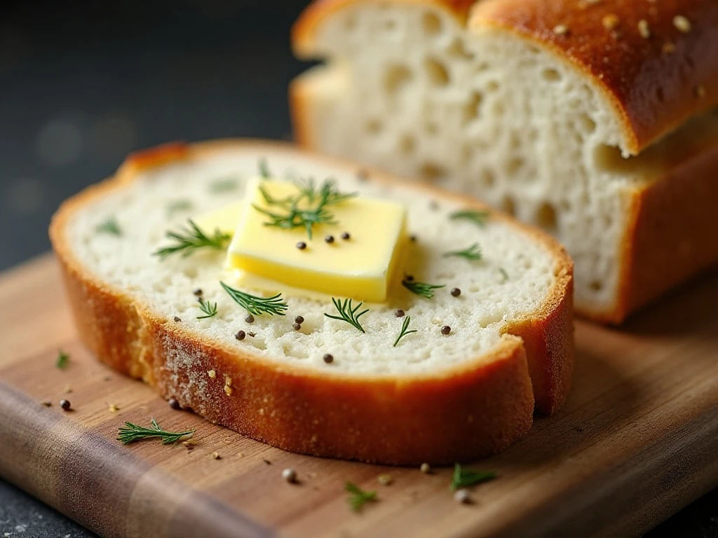Buttered slice of dill bread showing its tender savory crumb