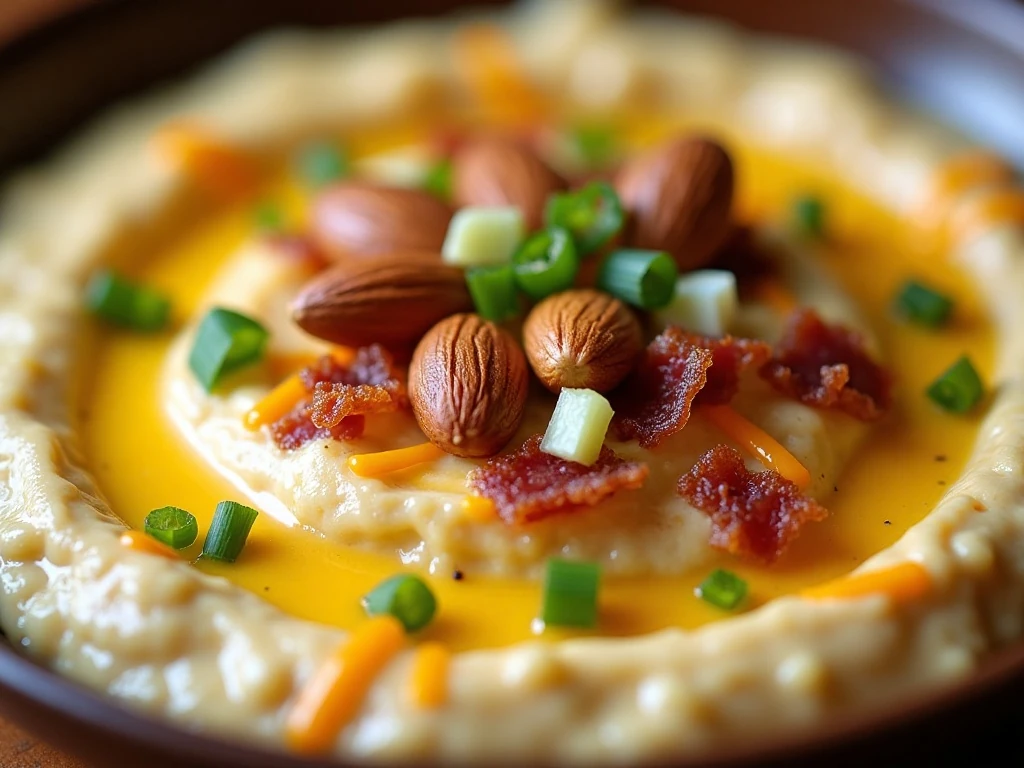 Crisp bacon, green onion, cheddar, and almond garnish on garlic dip
