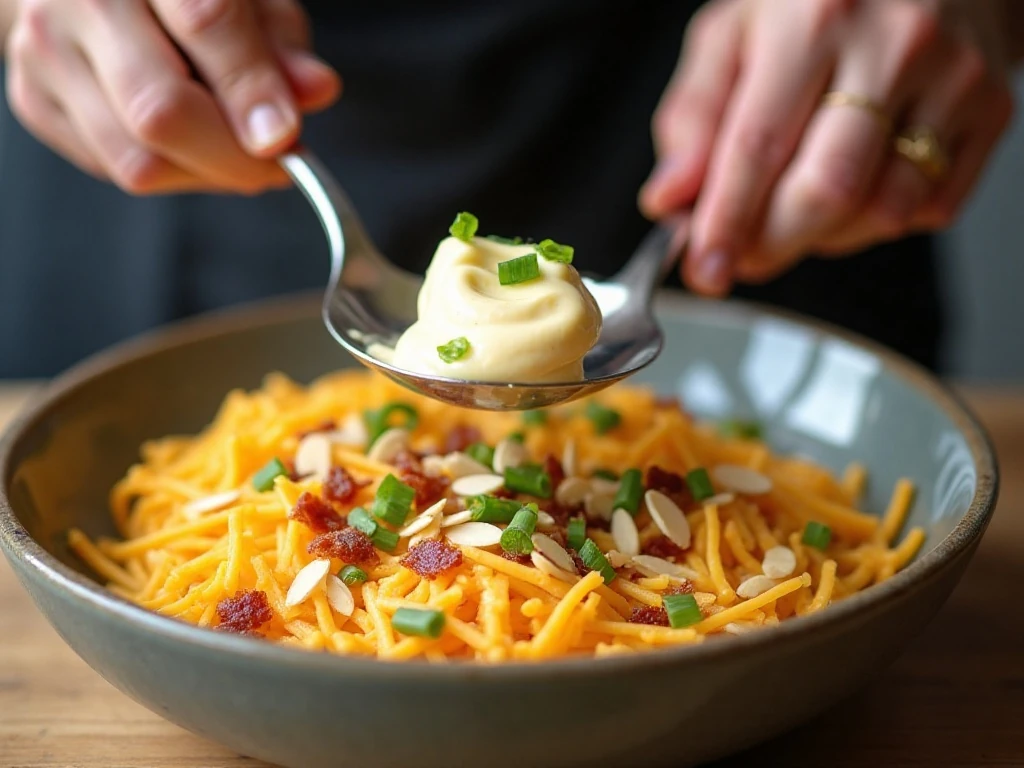 Mixing the ingredients for Million Dollar Dip in a bowl