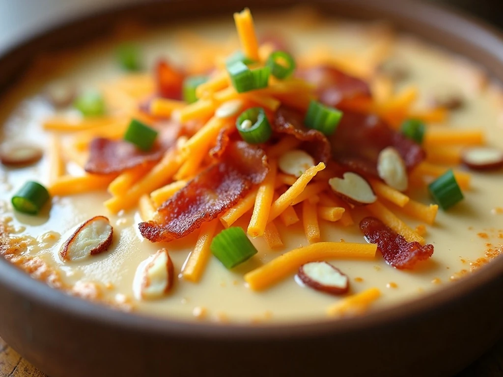Close-up of bacon, cheddar, green onion, and almond texture in Million Dollar Dip