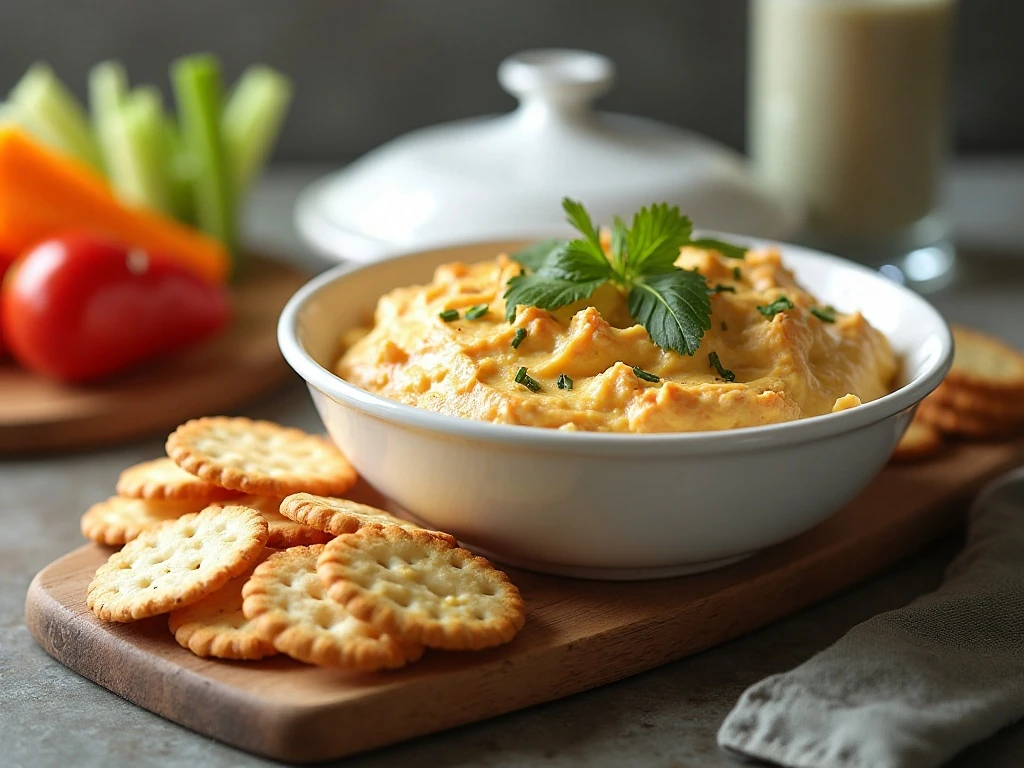 Make-ahead Million Dollar Dip ready to serve with crackers and vegetables