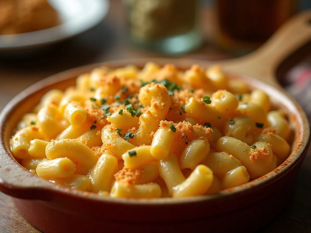 Creamy baked Million Dollar macaroni and cheese with a golden topping