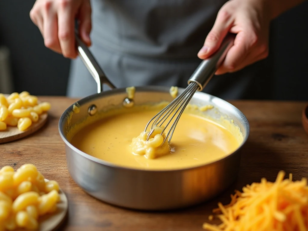 Preparing the creamy cheese sauce for baked macaroni and cheese