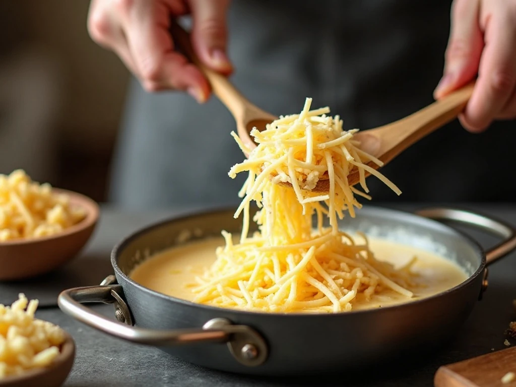 Freshly shredded cheese melting into a smooth macaroni and cheese sauce