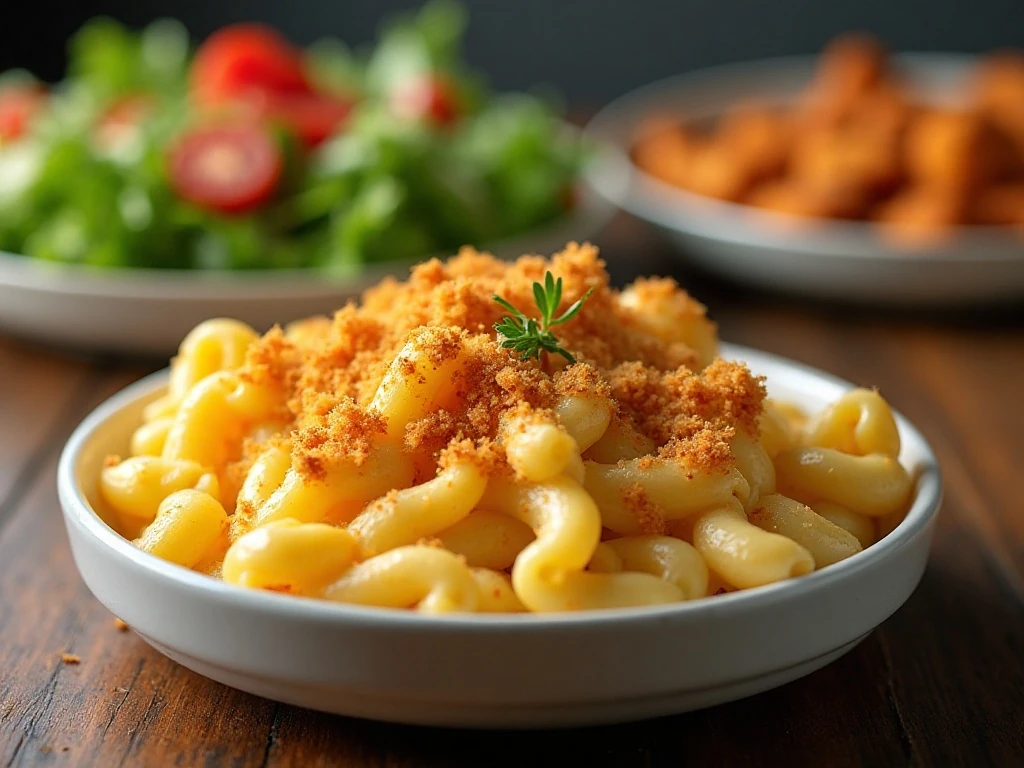 Million Dollar macaroni and cheese served with vegetables and salad