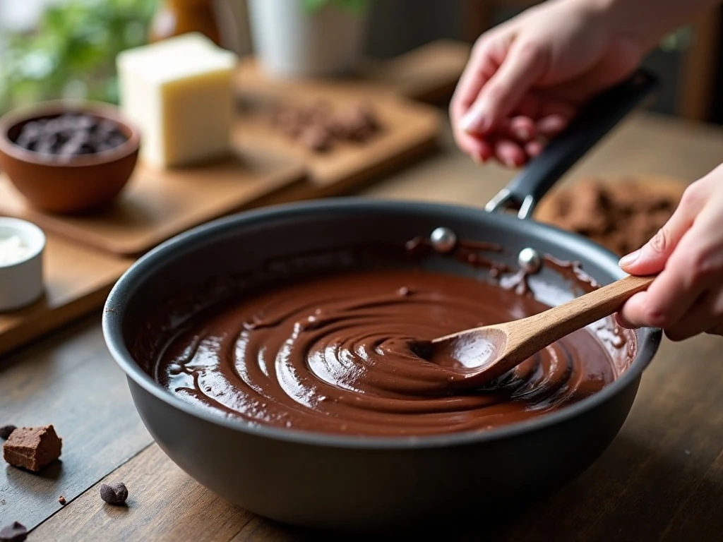 Stirring chocolate fudge mixture in a saucepan