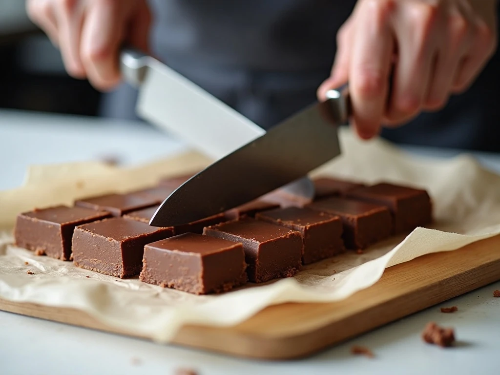 Cutting chilled millionaire fudge into squares