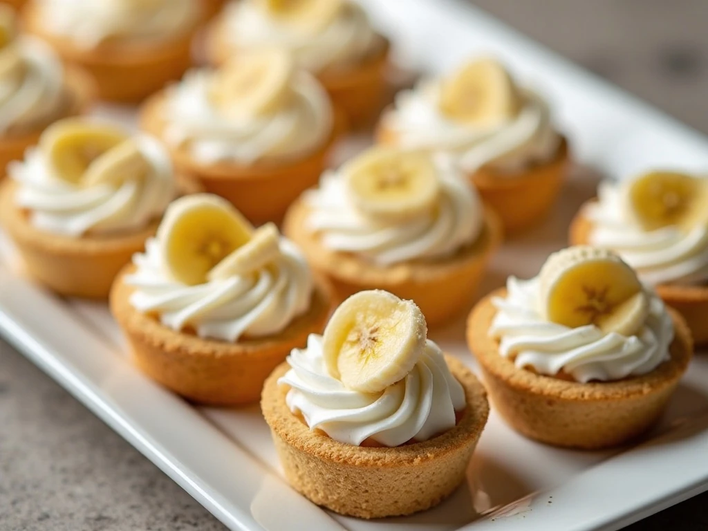 Twelve individual mini banana cream pies arranged on a serving platter