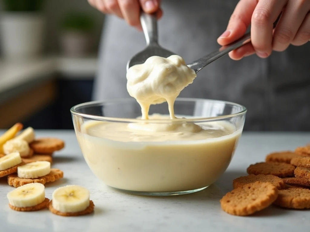 Folding whipped topping into banana pudding for mini pies
