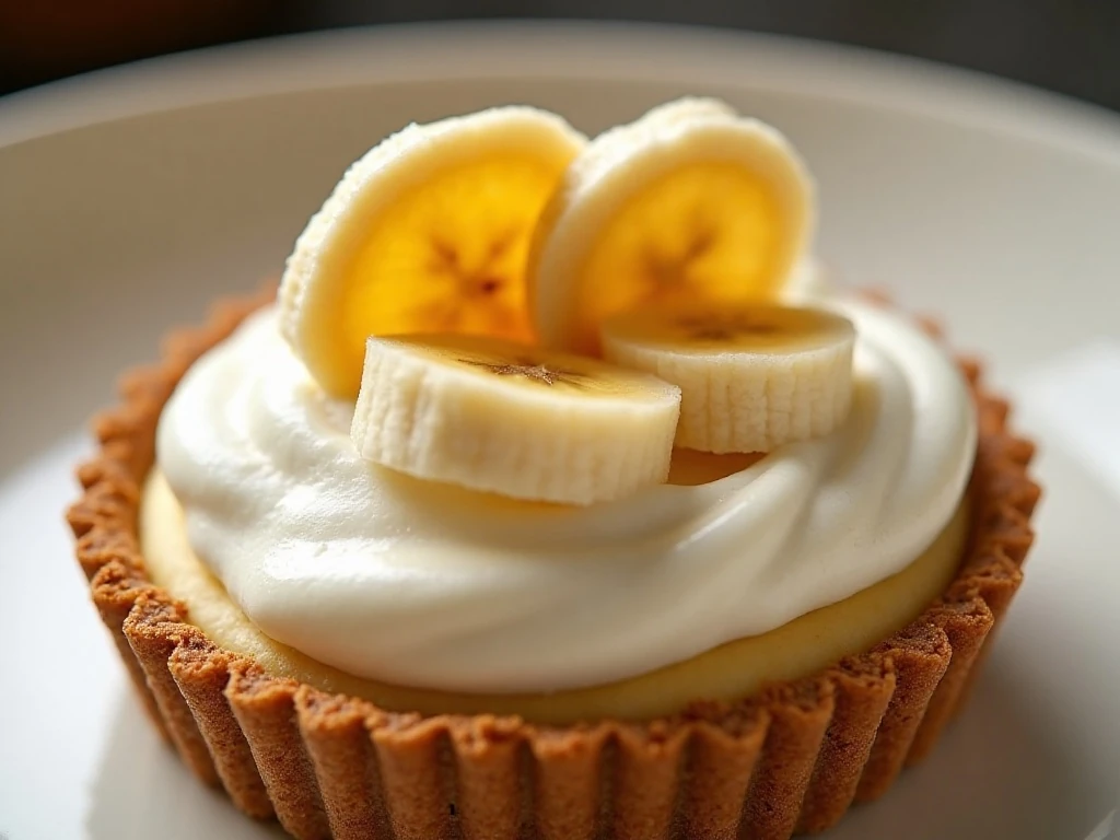 Banana slices and vanilla wafer garnish on a mini cream pie