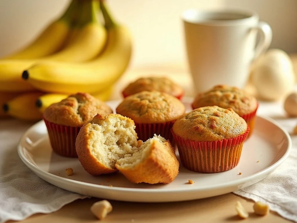 Platter of soft homemade mini banana muffins for breakfast
