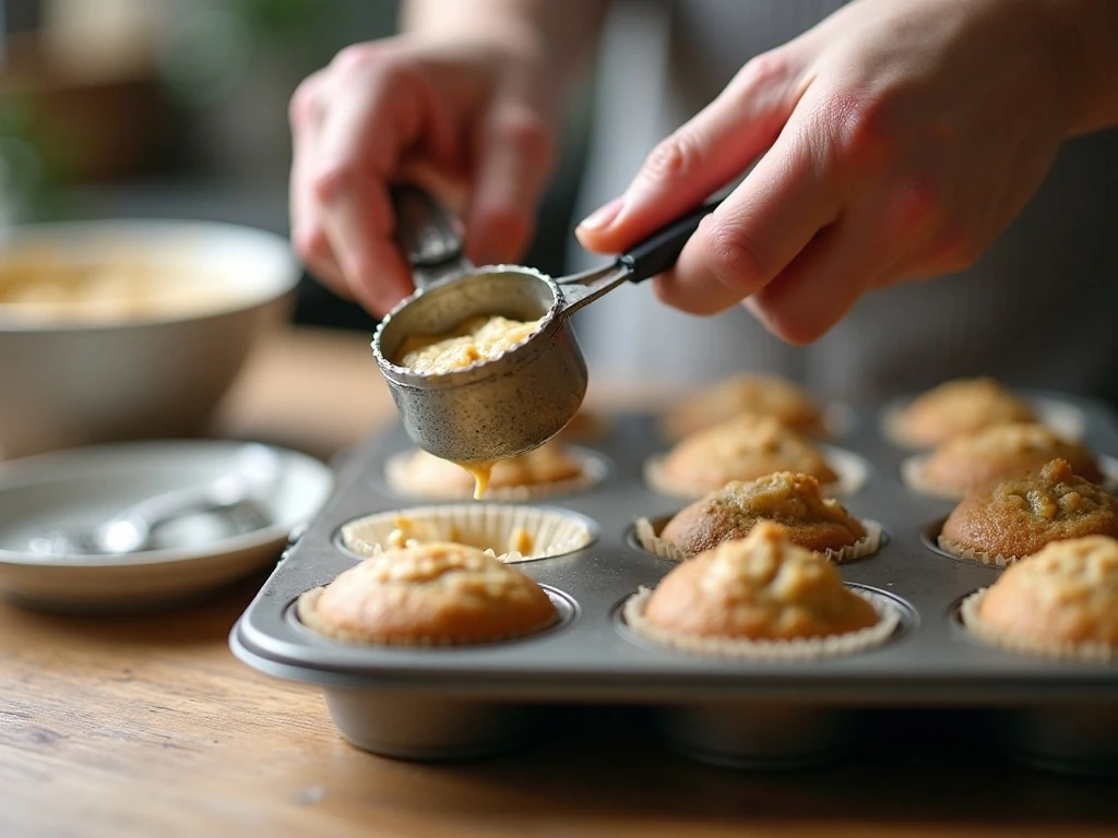 Portioning banana muffin batter into a mini-muffin pan