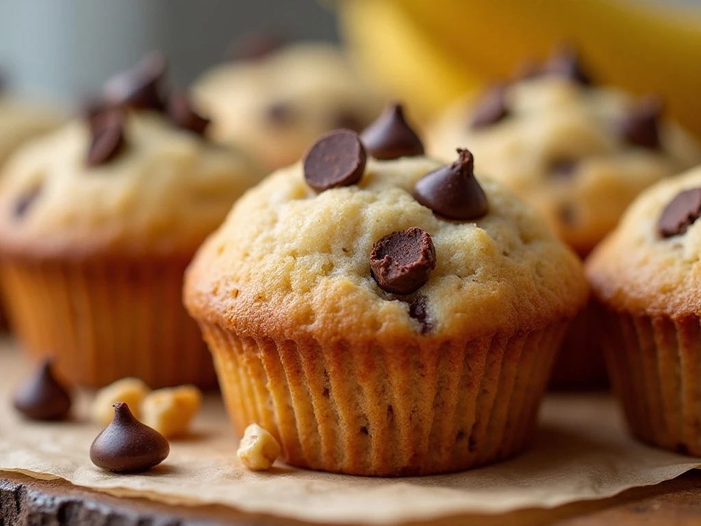 Mini banana muffins with chocolate chips and walnuts