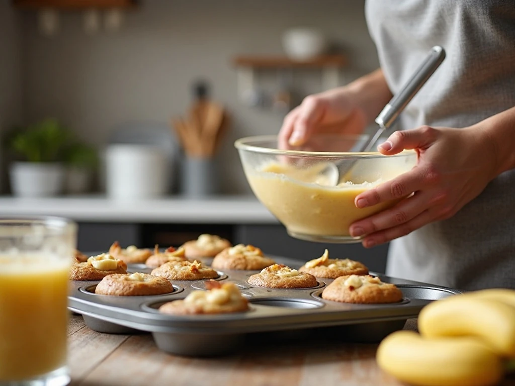 Mini banana muffin batter being gently mixed before filling the pan