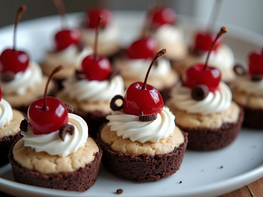 Platter of mini Black Forest cheesecakes with cherries and chocolate