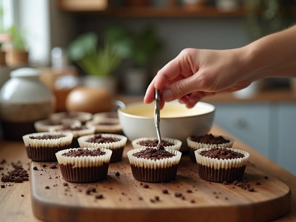 Preparing chocolate crusts for mini cheesecakes in a muffin pan